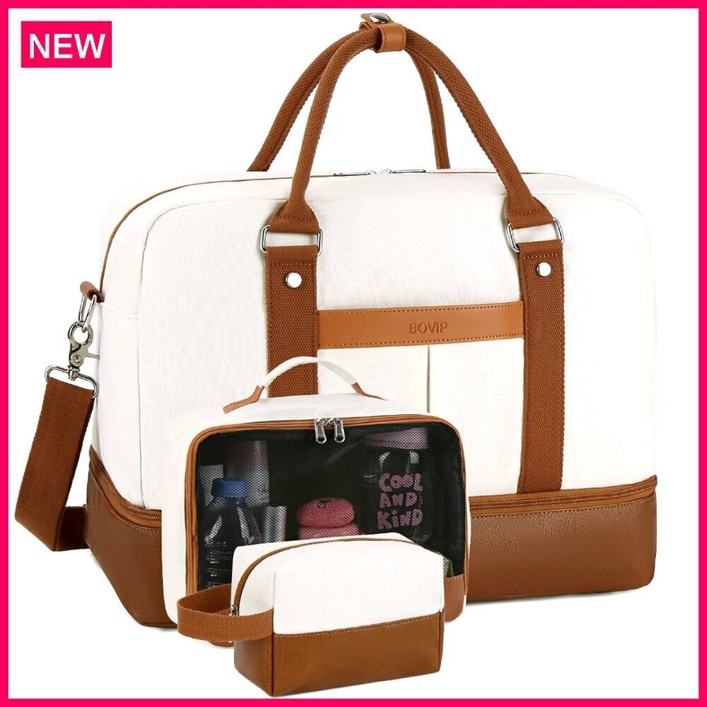 Large Canvas Weekender Bag Set with Shoe Compartment, 3-Piece Travel Duffel
